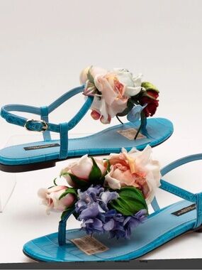 Dolce & Gabbana Turquoise Floral Embellished T-Strap Sandals